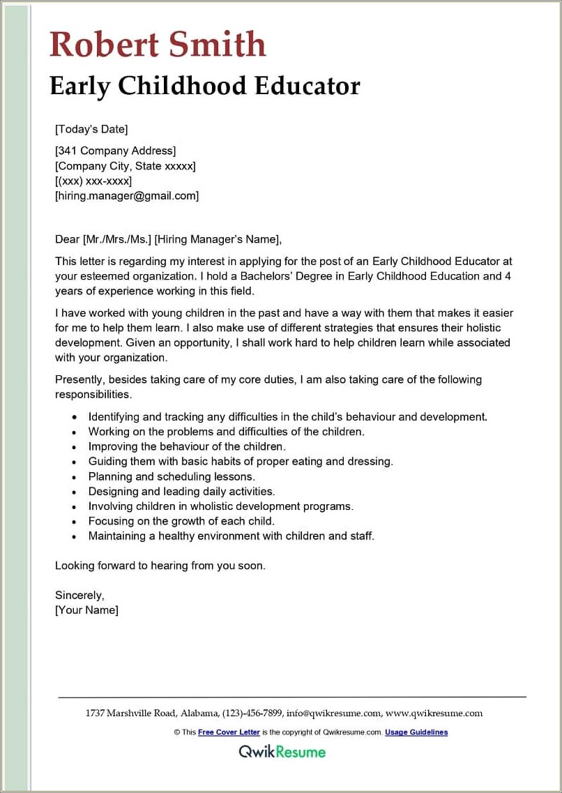 Resume Cover Letter Examples For Child Care Assistant