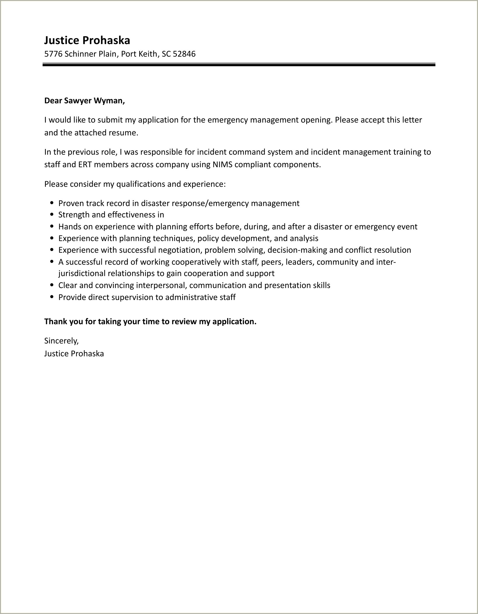 Resume Cover Letter Examples For Management