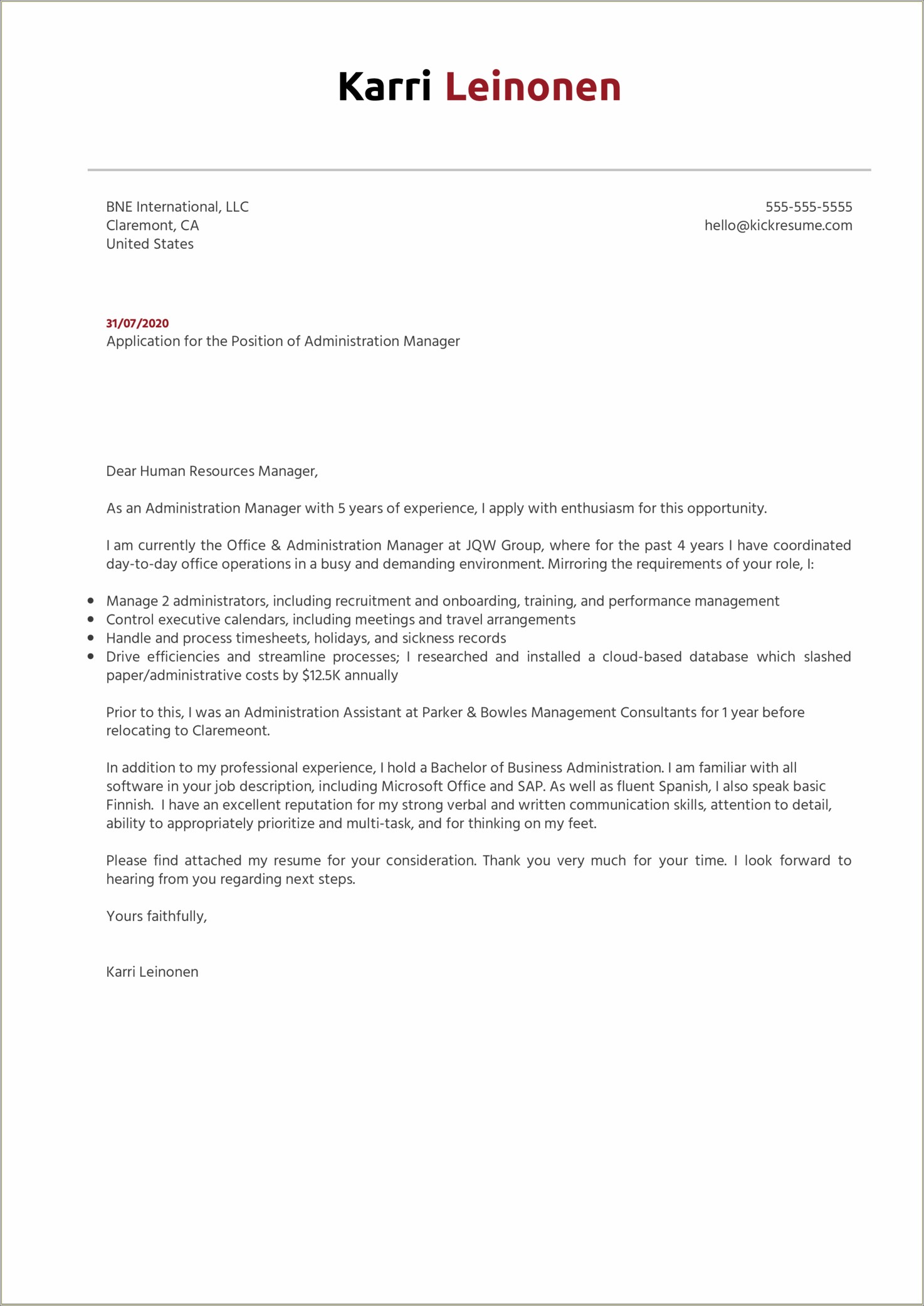 Resume Cover Letter Examples For Office Manager