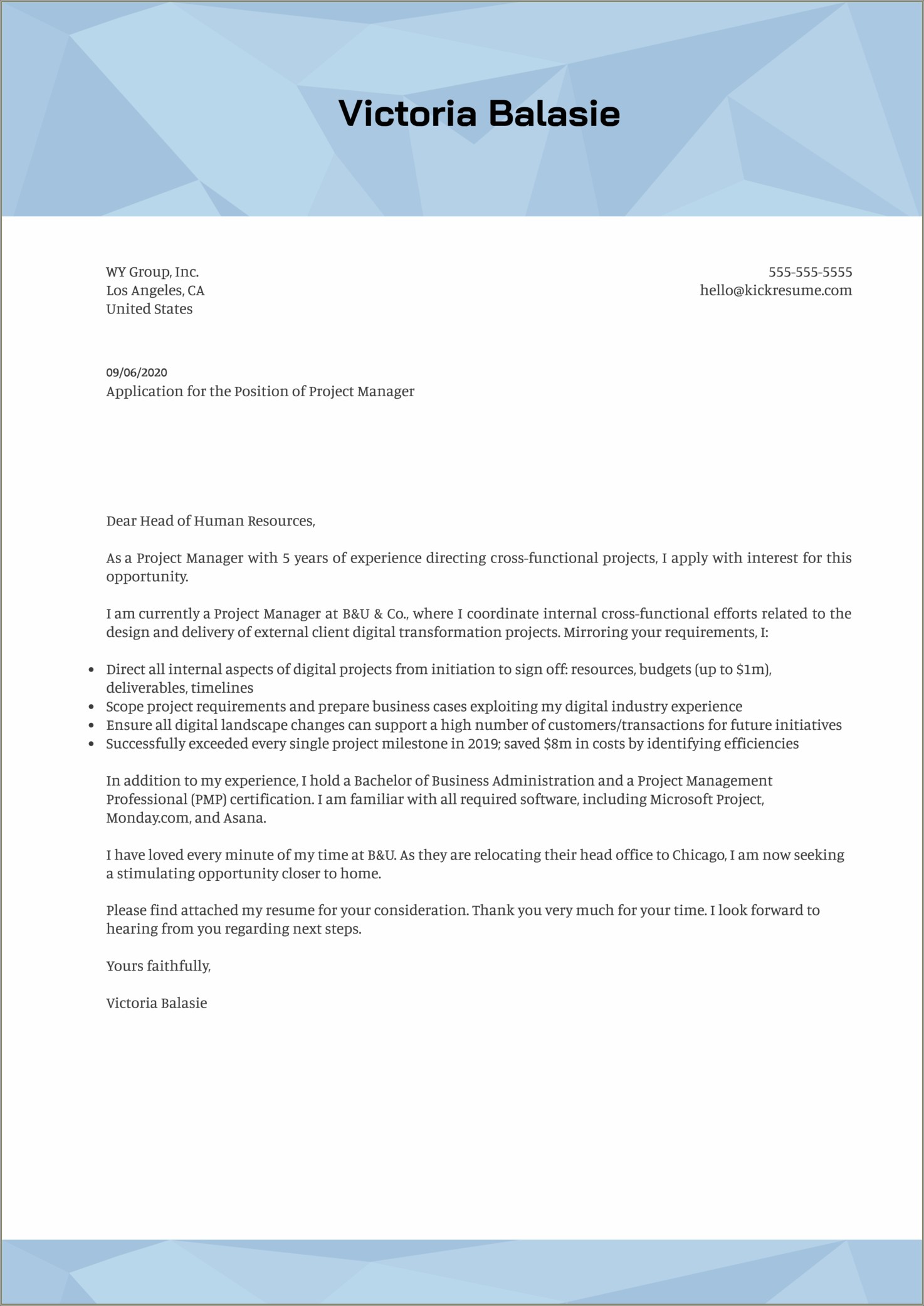 Resume Cover Letter Examples Project Manager