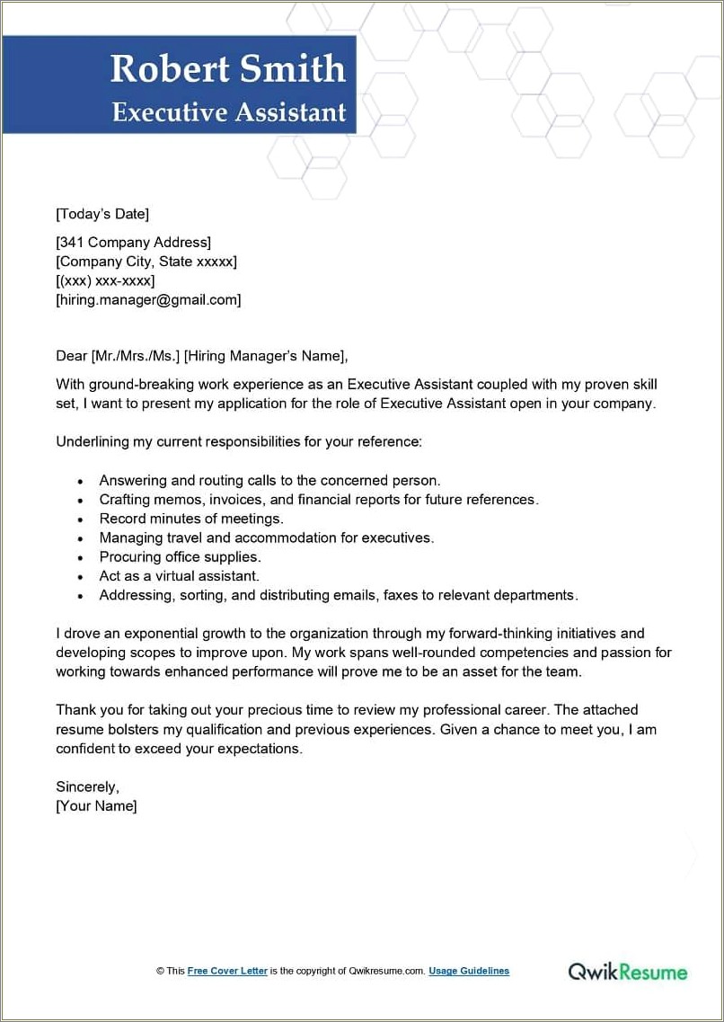 Resume Cover Letter Executive Administrative Assistant
