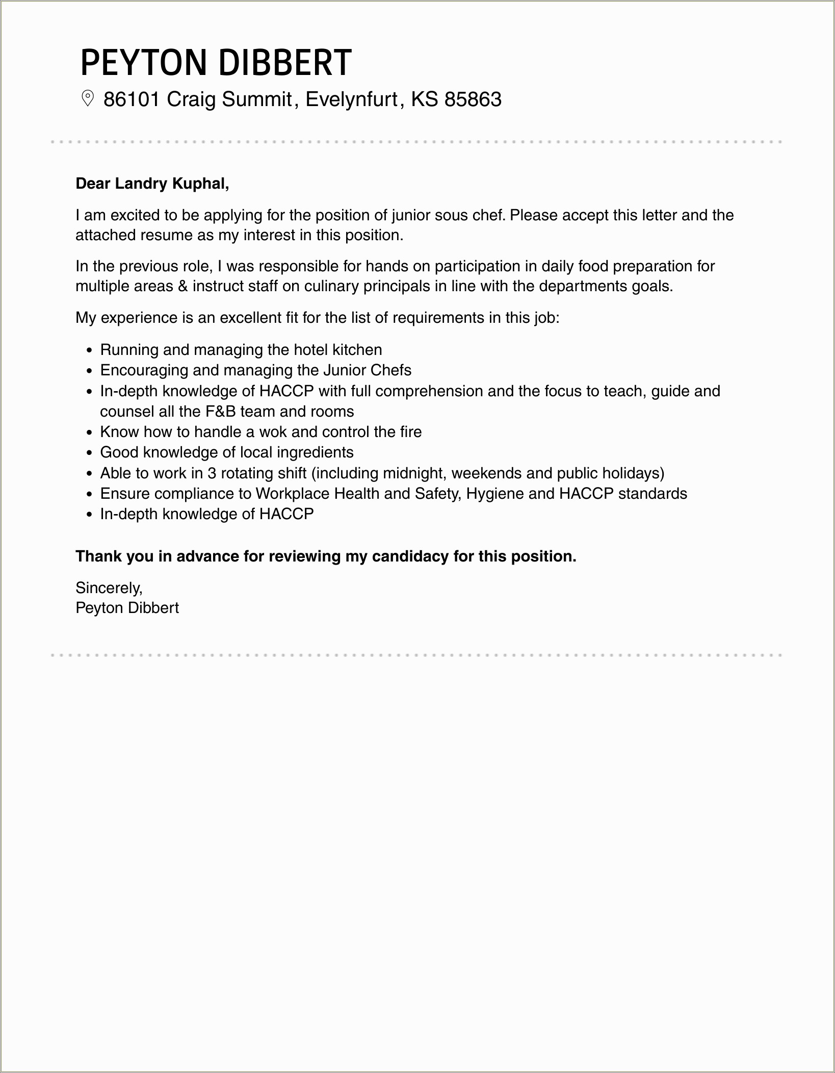 Resume Cover Letter For A Sous Chef