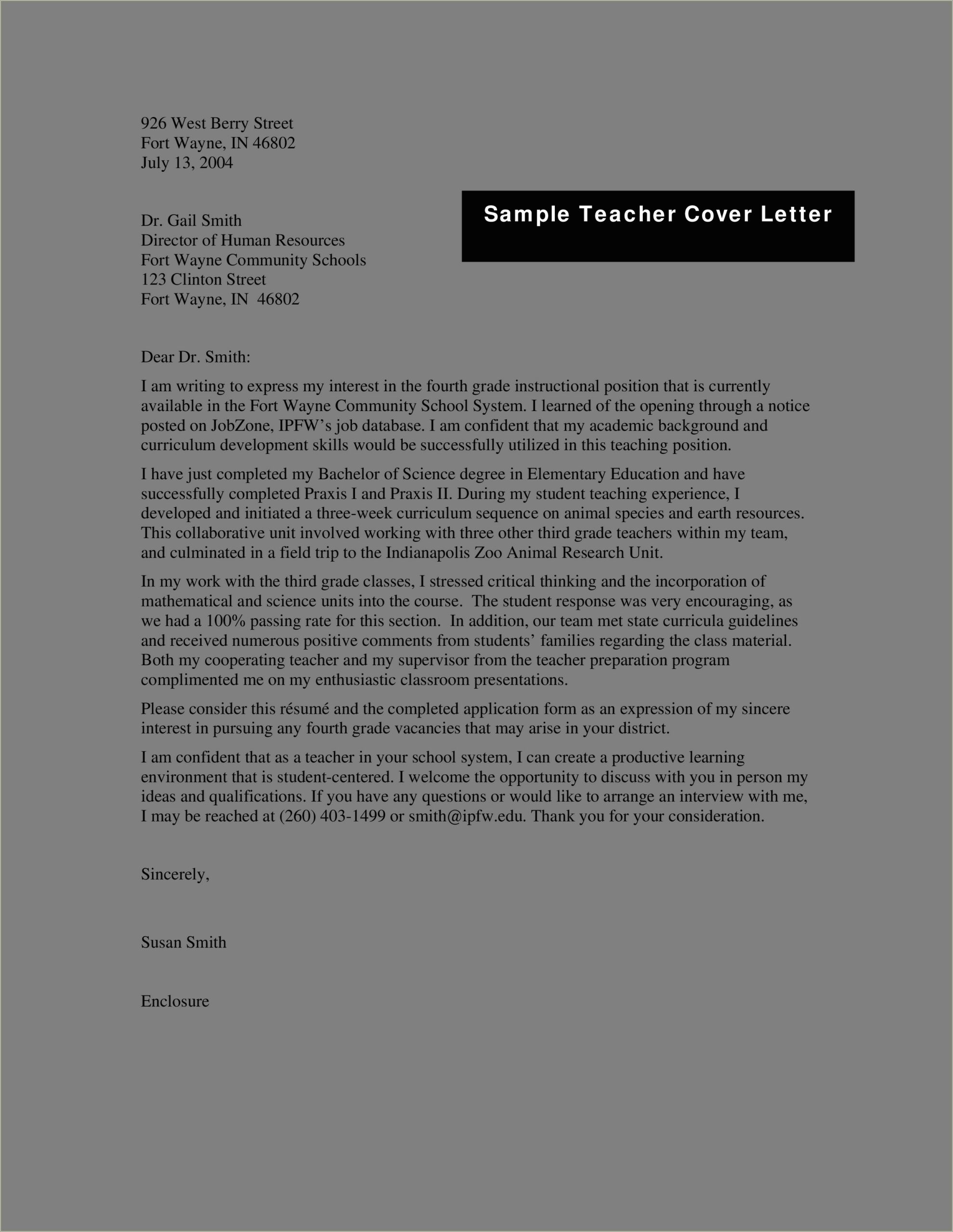 Resume Cover Letter For A Teaching Job