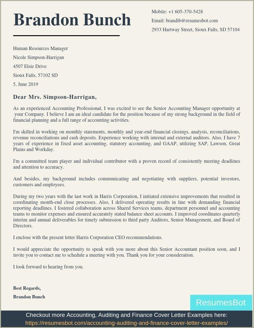 Resume Cover Letter For Accounting Manager Position