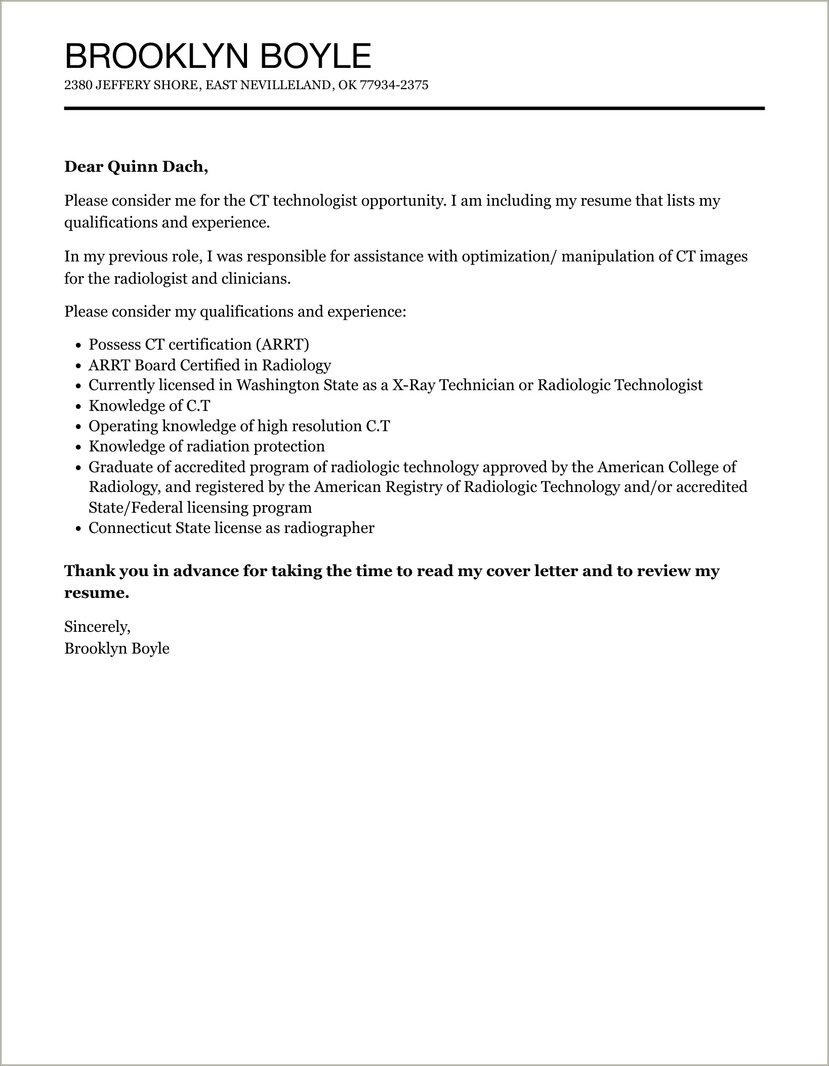 Resume Cover Letter For Ct Technologist