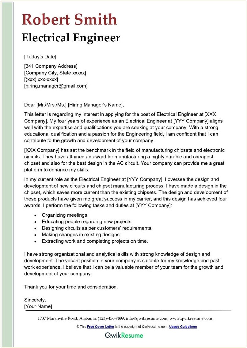 Resume Cover Letter For Engineering Job