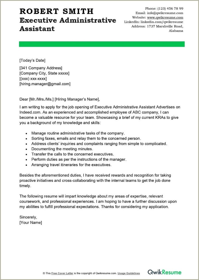 Resume Cover Letter For Executive Assistant