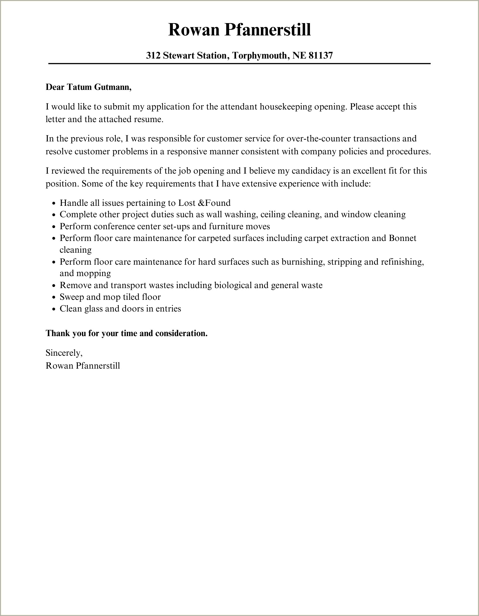 Resume Cover Letter For Housekeeping Job
