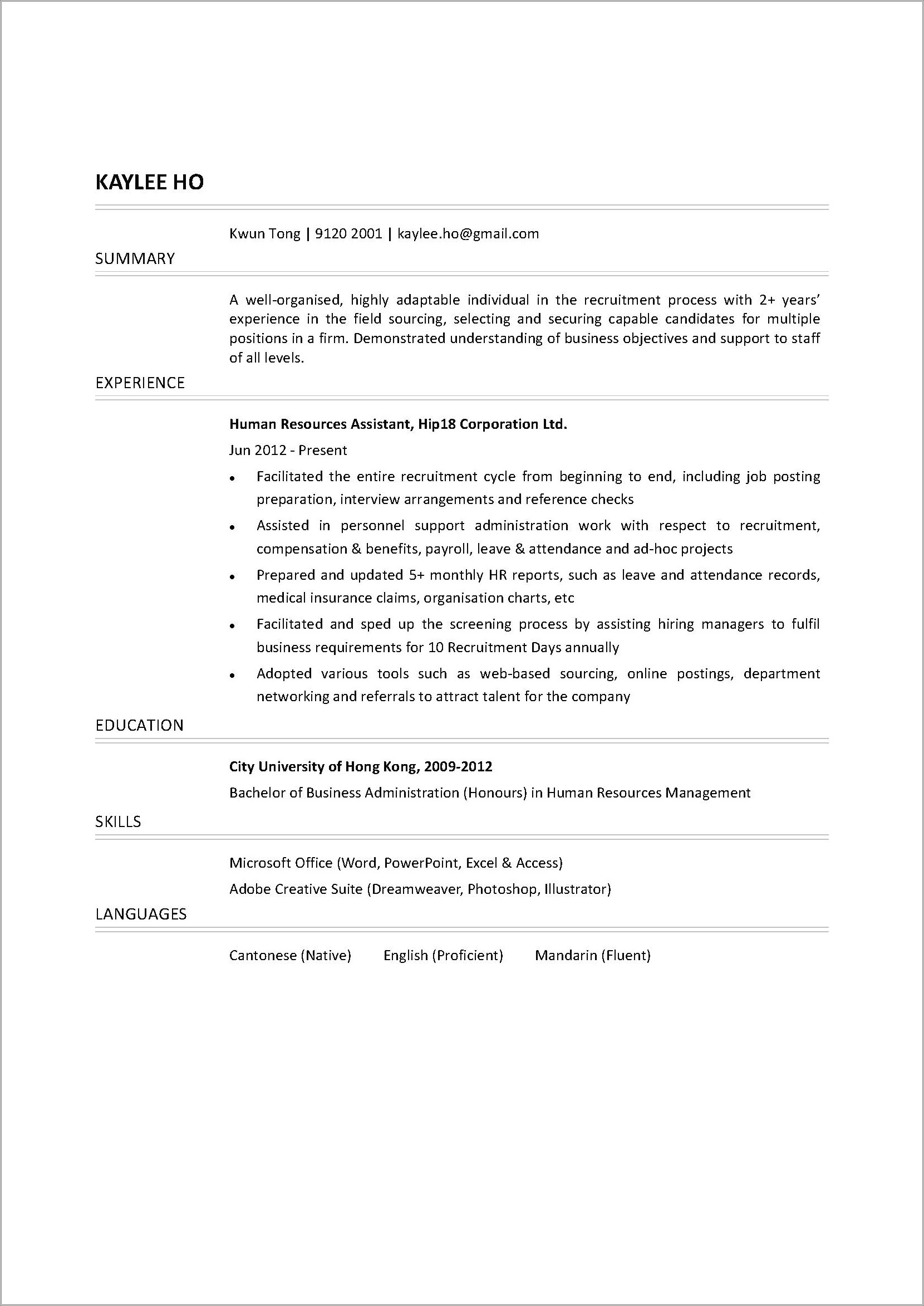 Resume Cover Letter For Human Resource Assistant