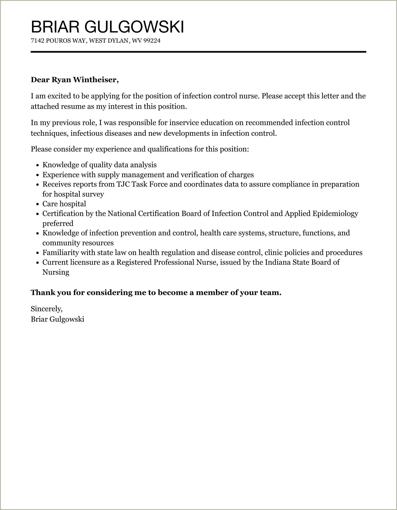 Resume Cover Letter For Infection Control Nurse