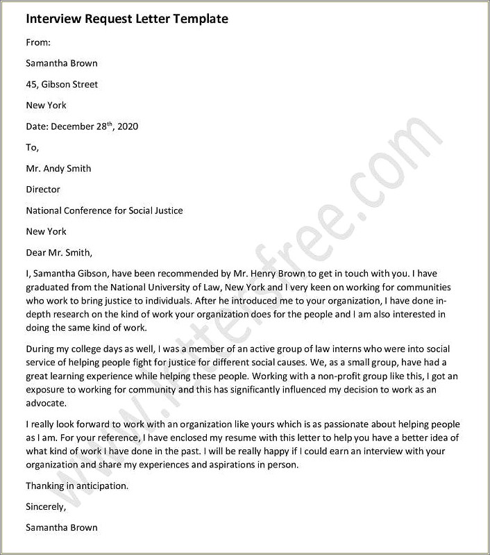 Resume Cover Letter For Job Interview Request Sample