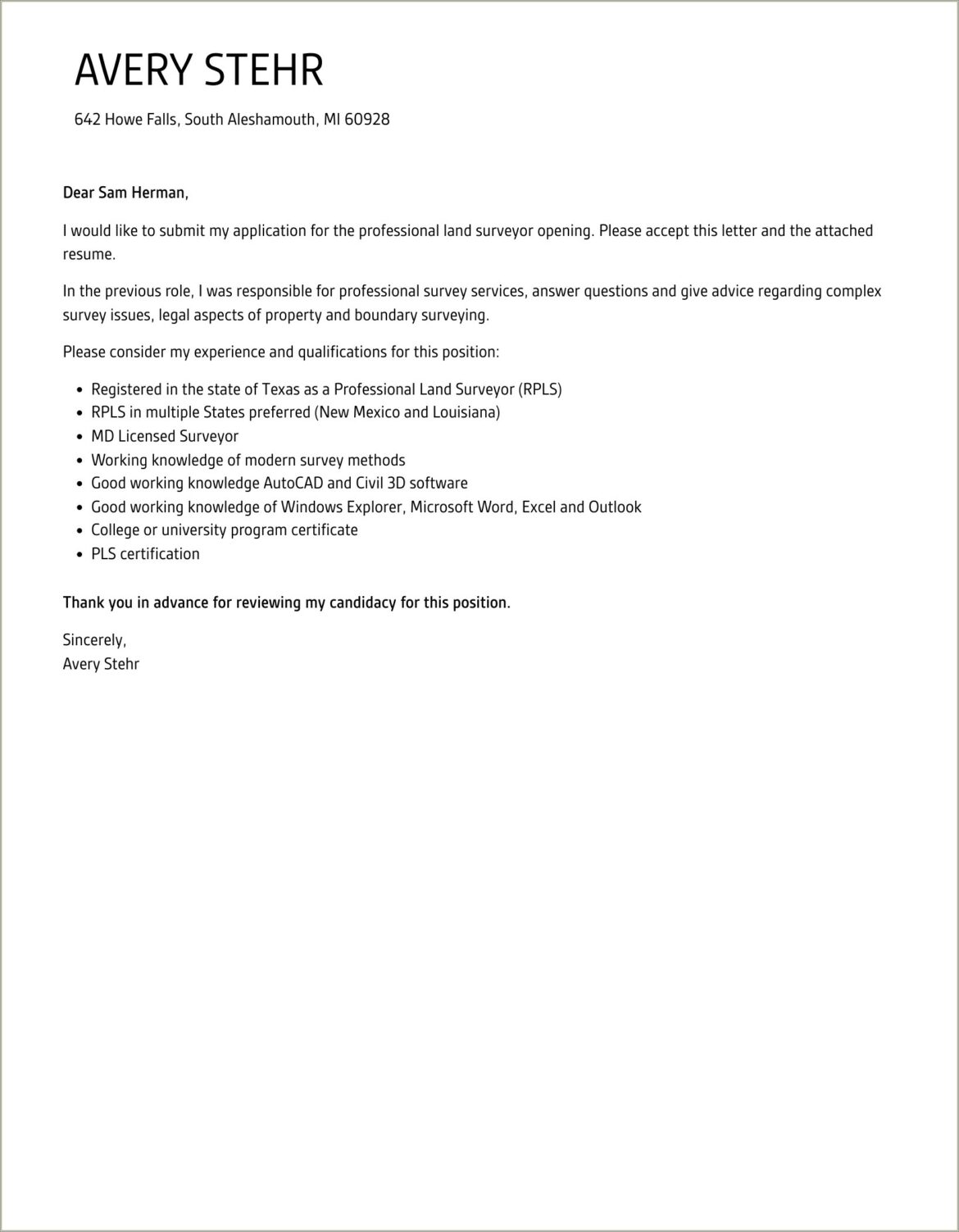 Resume Cover Letter For Land Surveyor