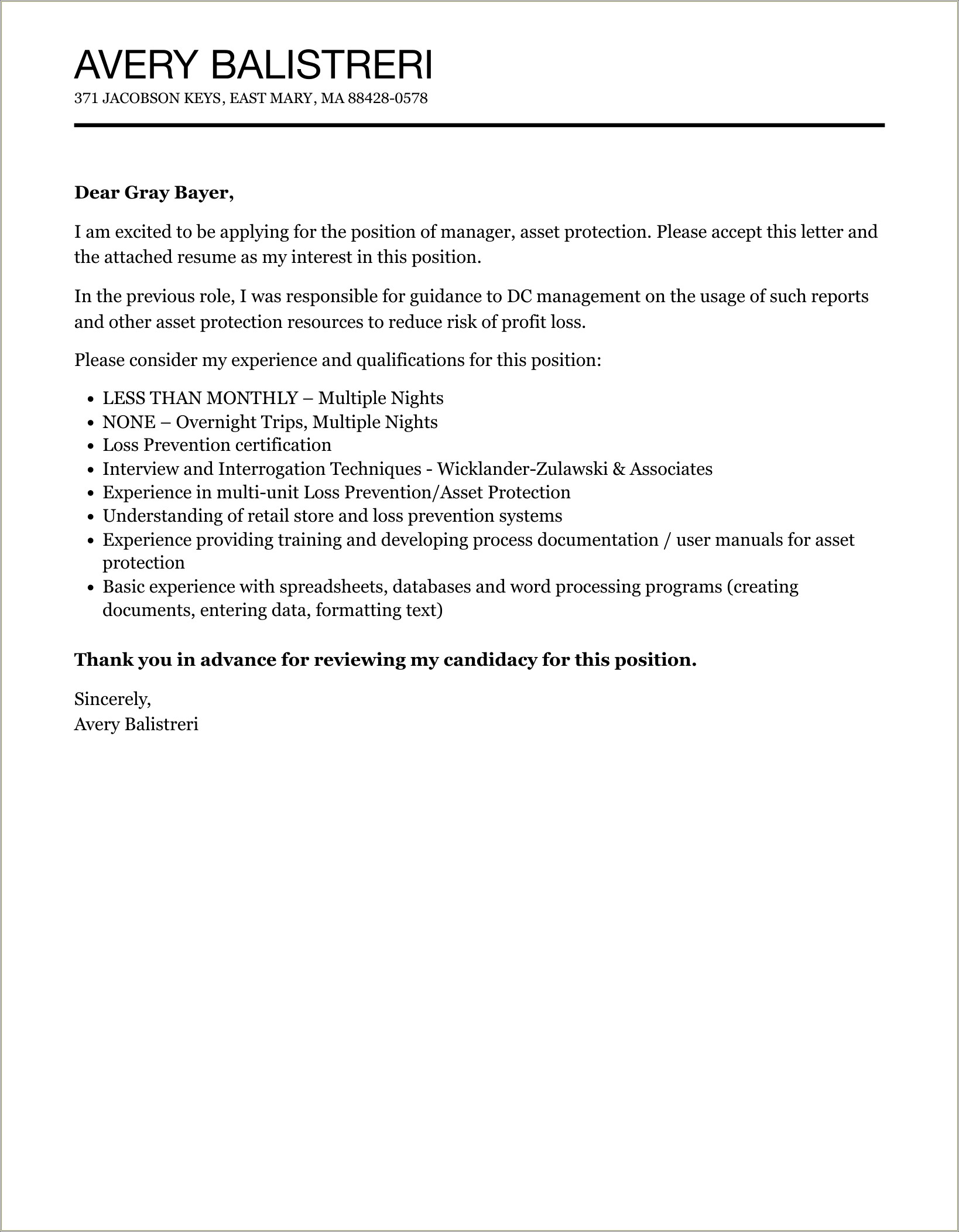 Resume Cover Letter For Loss Prevention