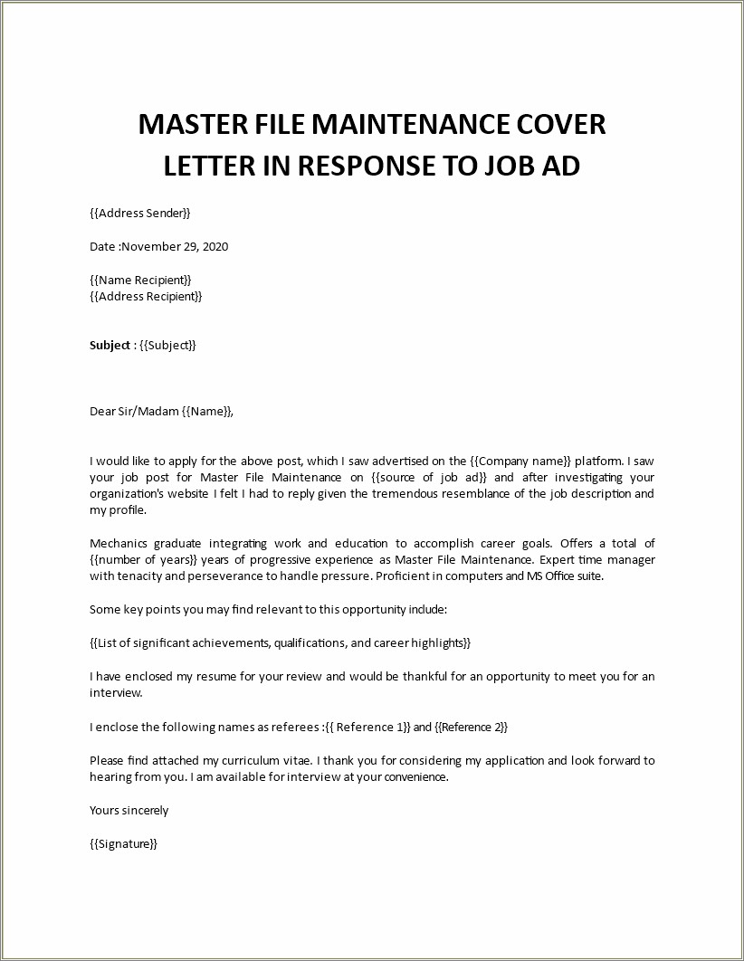 Resume Cover Letter For Maintenance Worker