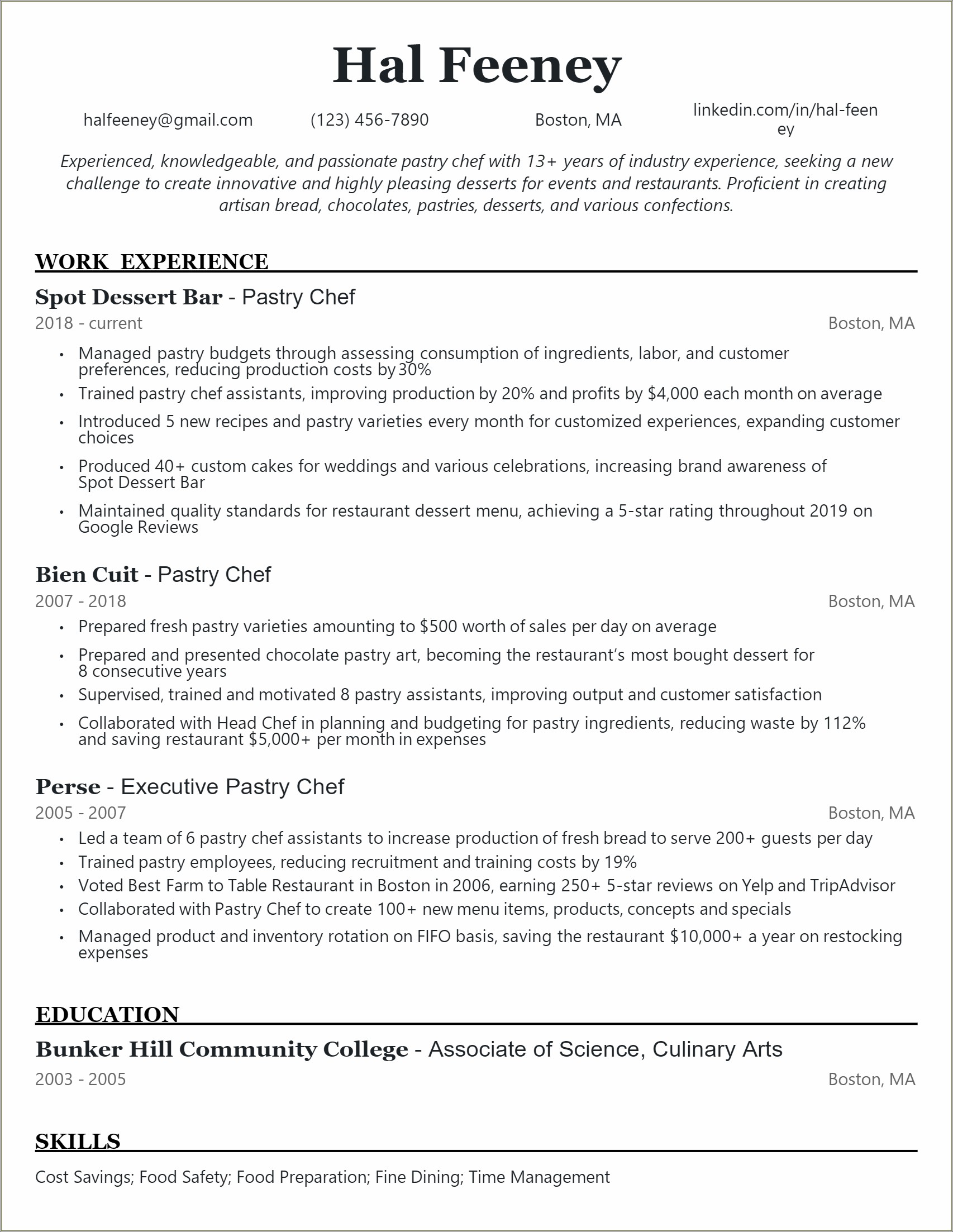 Resume Cover Letter For Pastry Chef