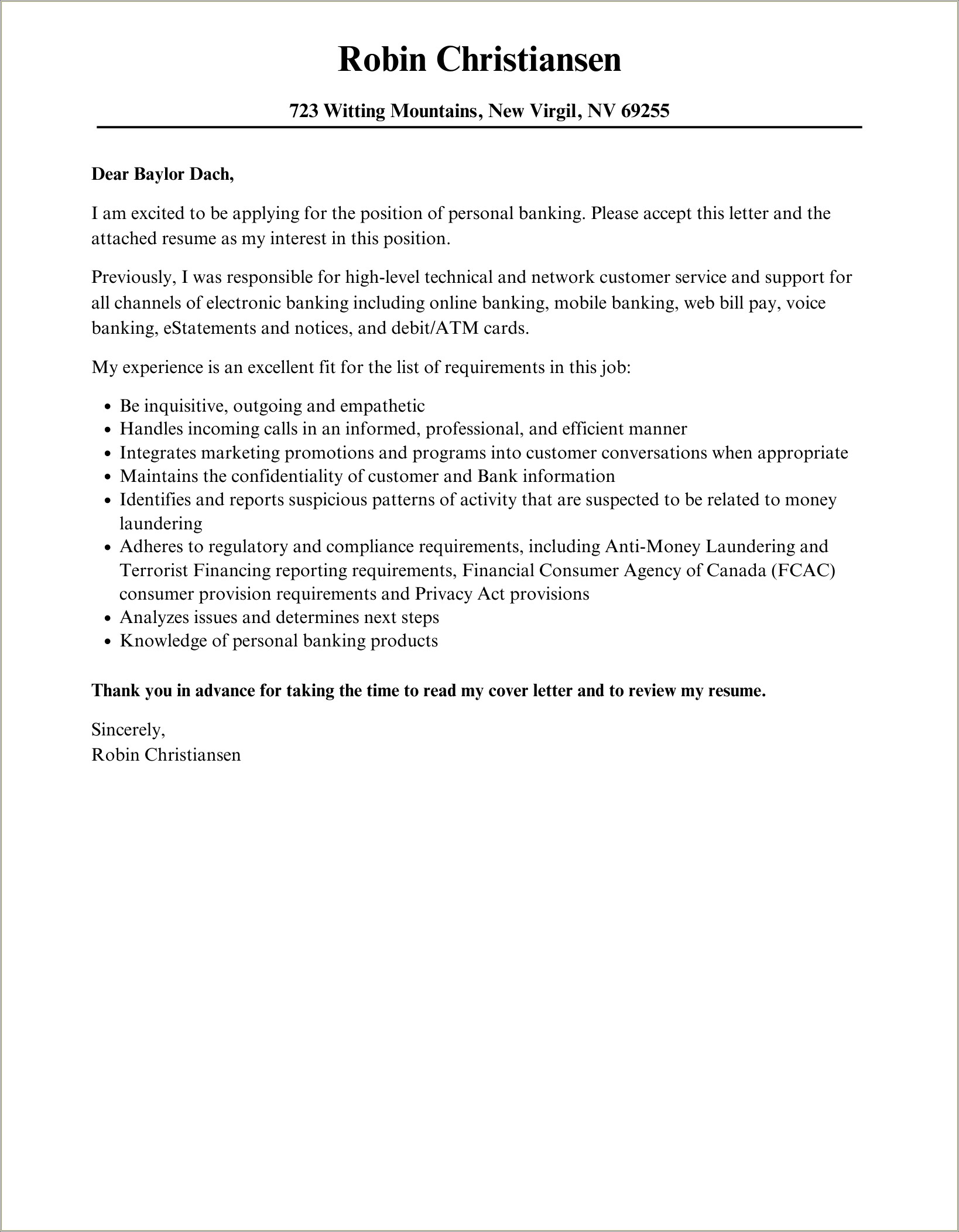 Resume Cover Letter For Personal Banker