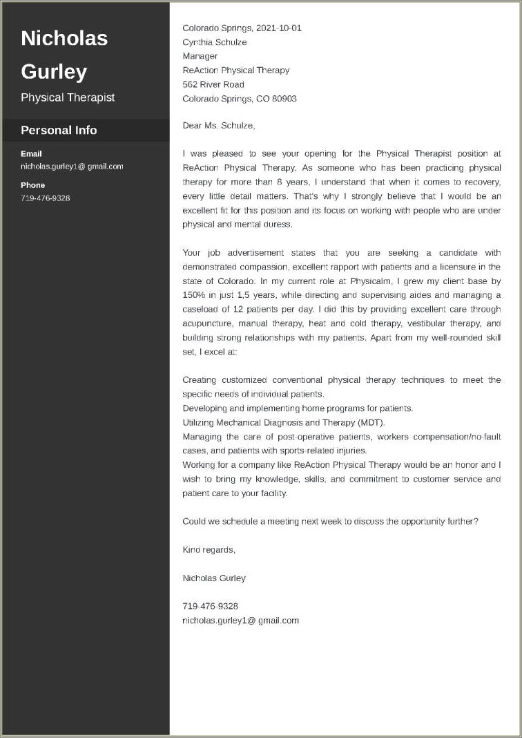 Resume Cover Letter For Physical Theapy
