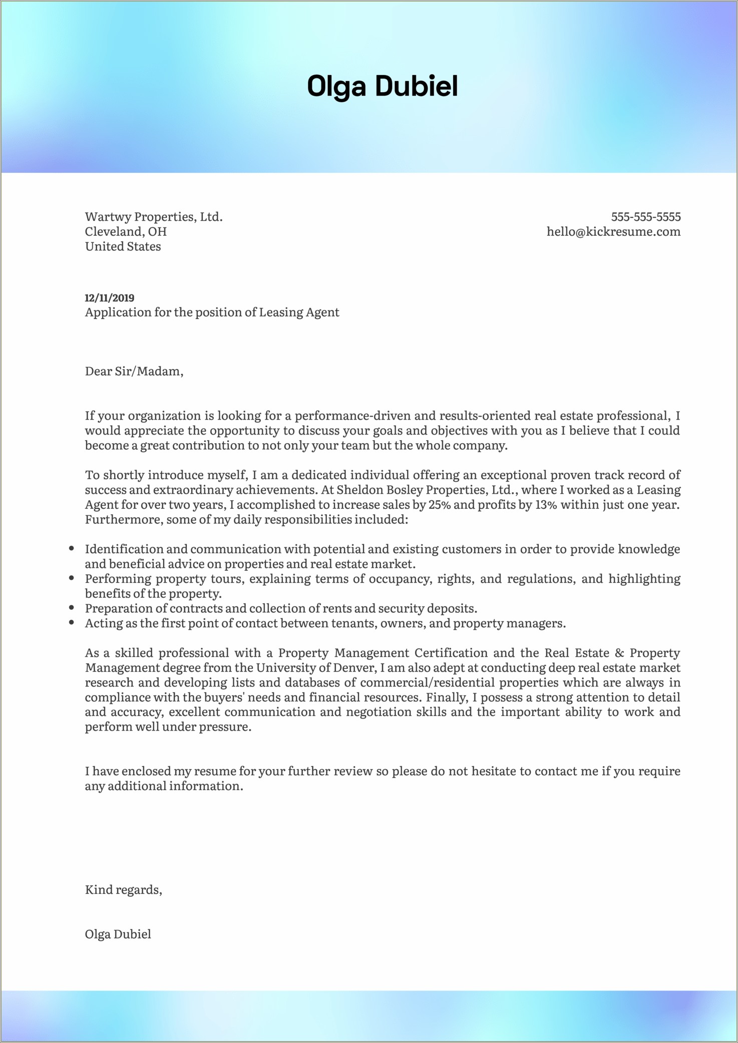 Resume Cover Letter For Properrtyt Manager