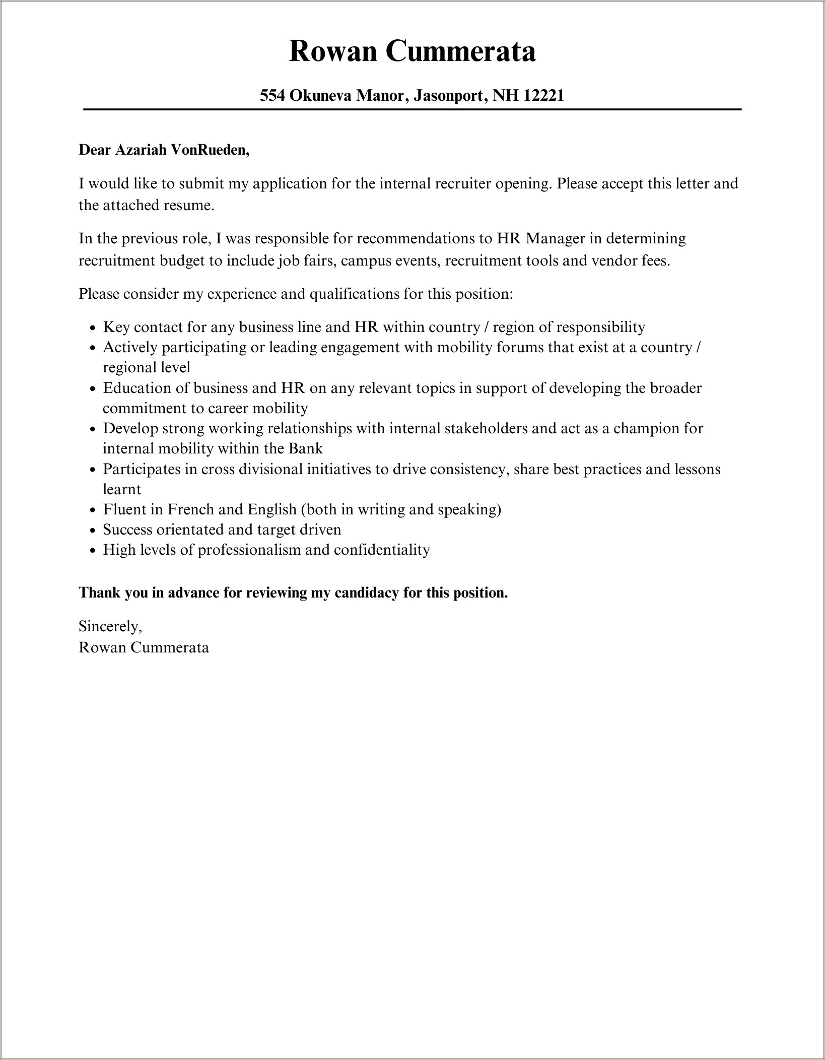 Resume Cover Letter For Recruiter Position