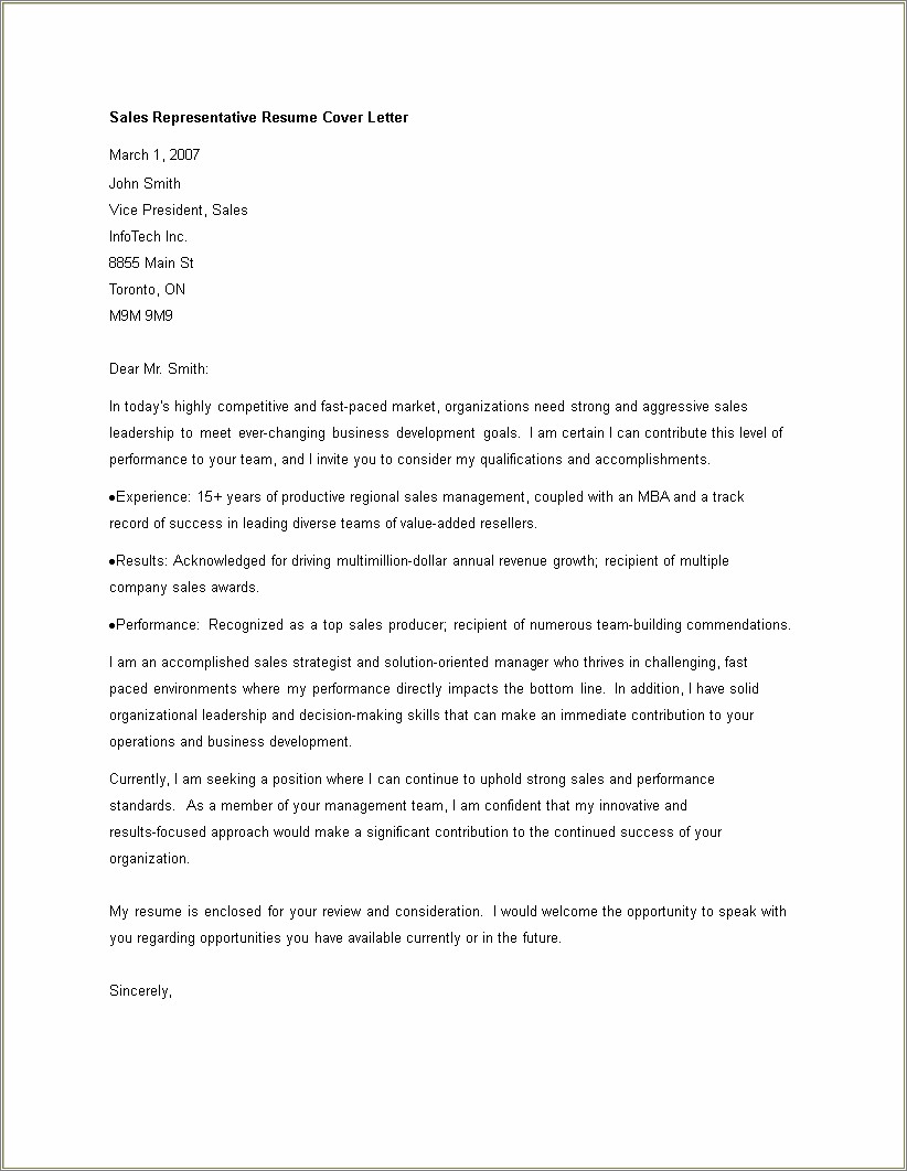 Resume Cover Letter For Sales Position