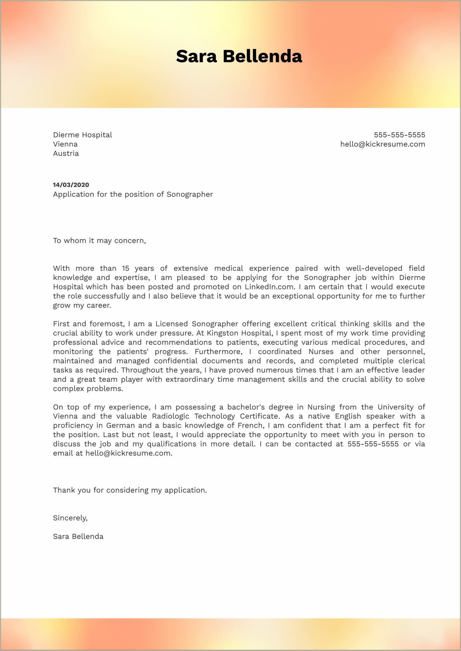 Resume Cover Letter For Sonographer Position
