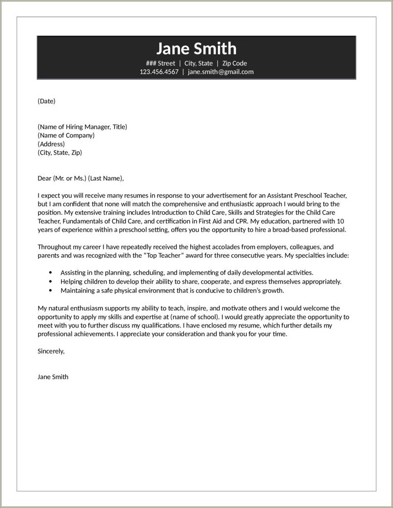 Resume Cover Letter For Teacher Assistant