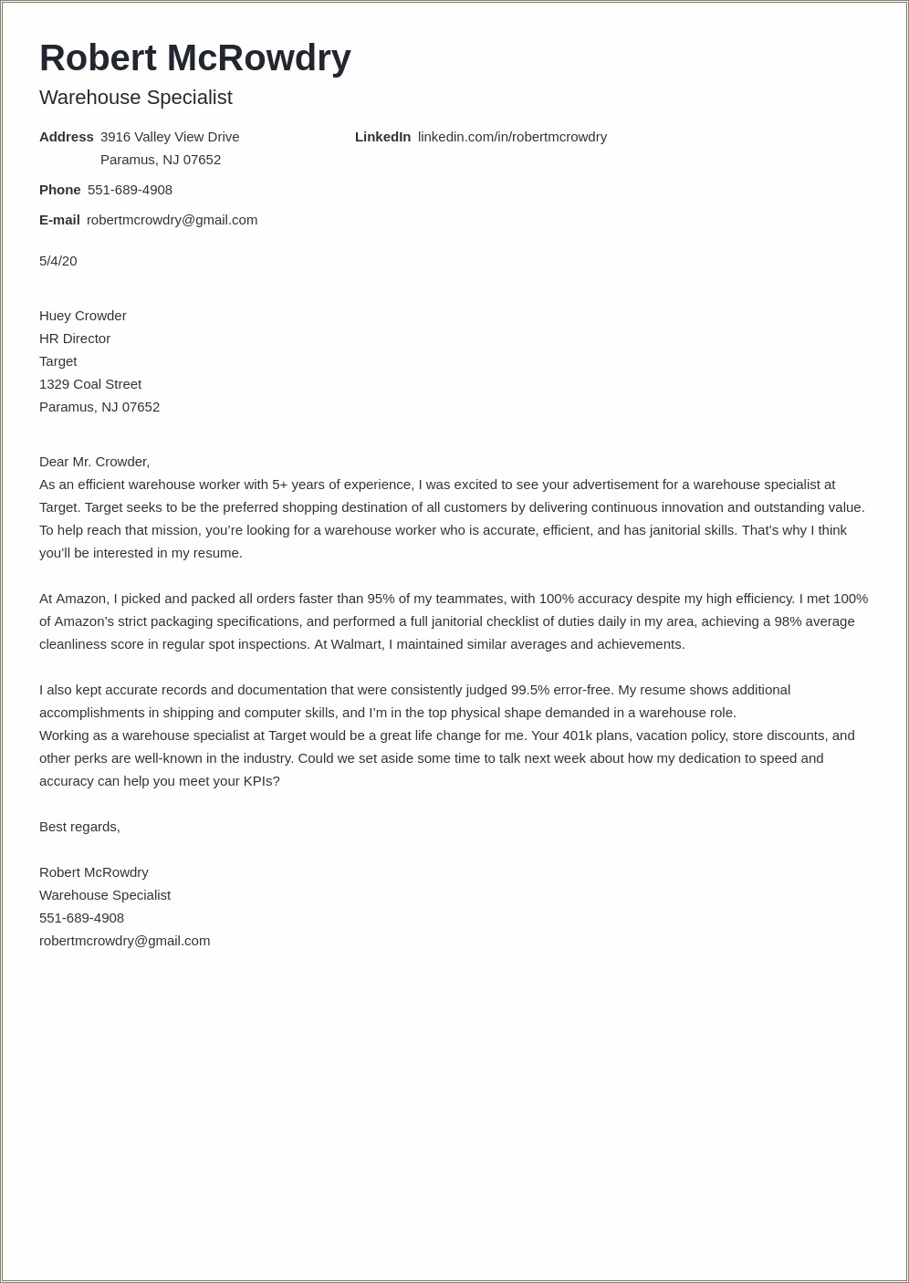 Resume Cover Letter For Warehouse Manager