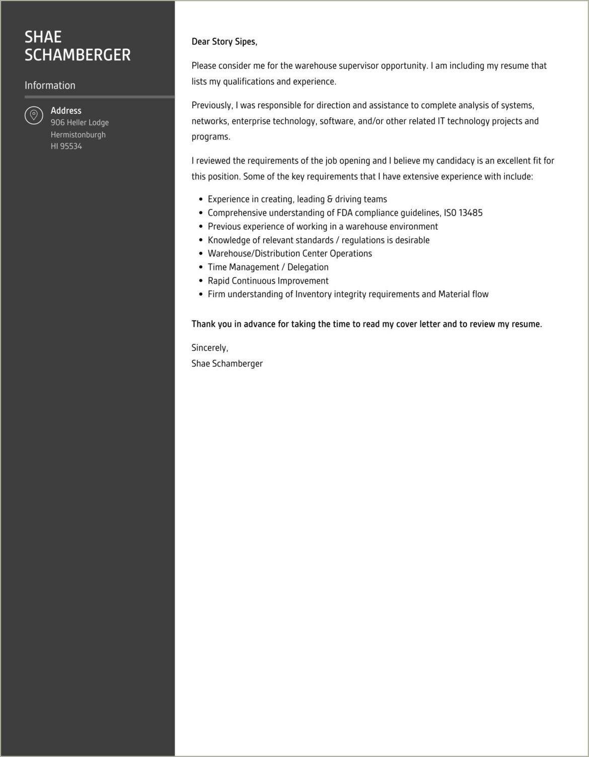 Resume Cover Letter For Warehouse Supervisor