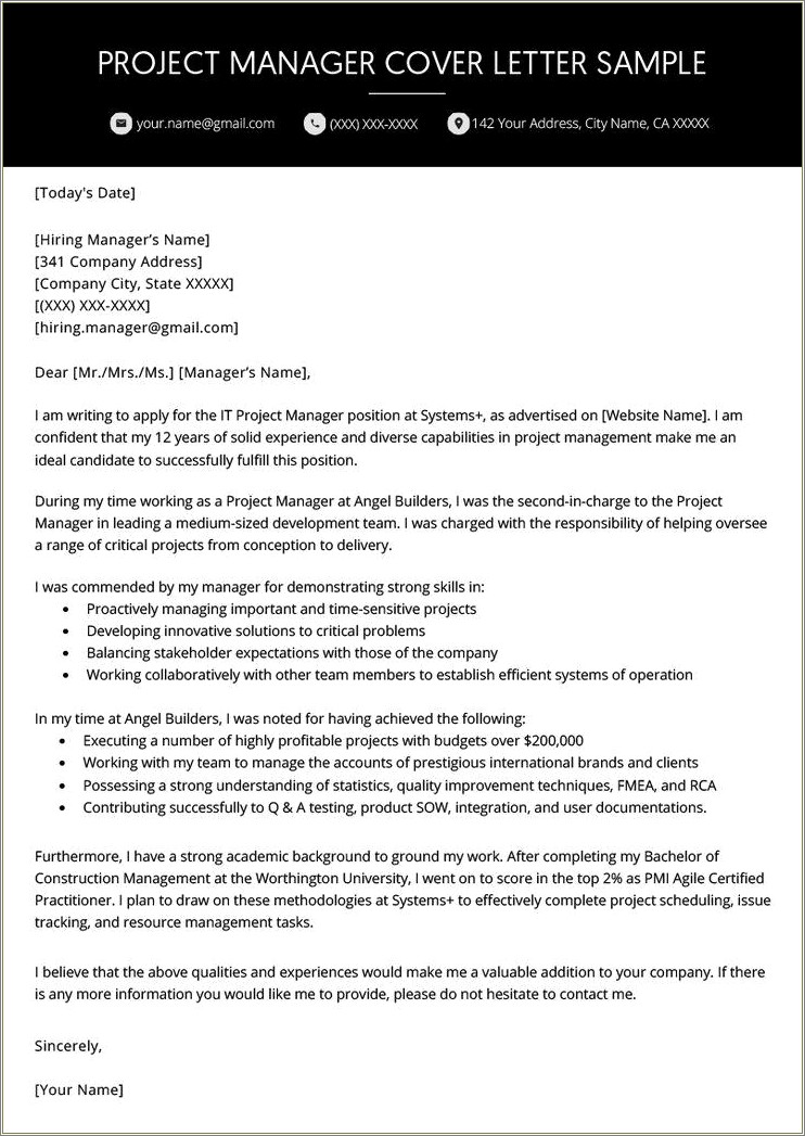 Resume Cover Letter Project Manager