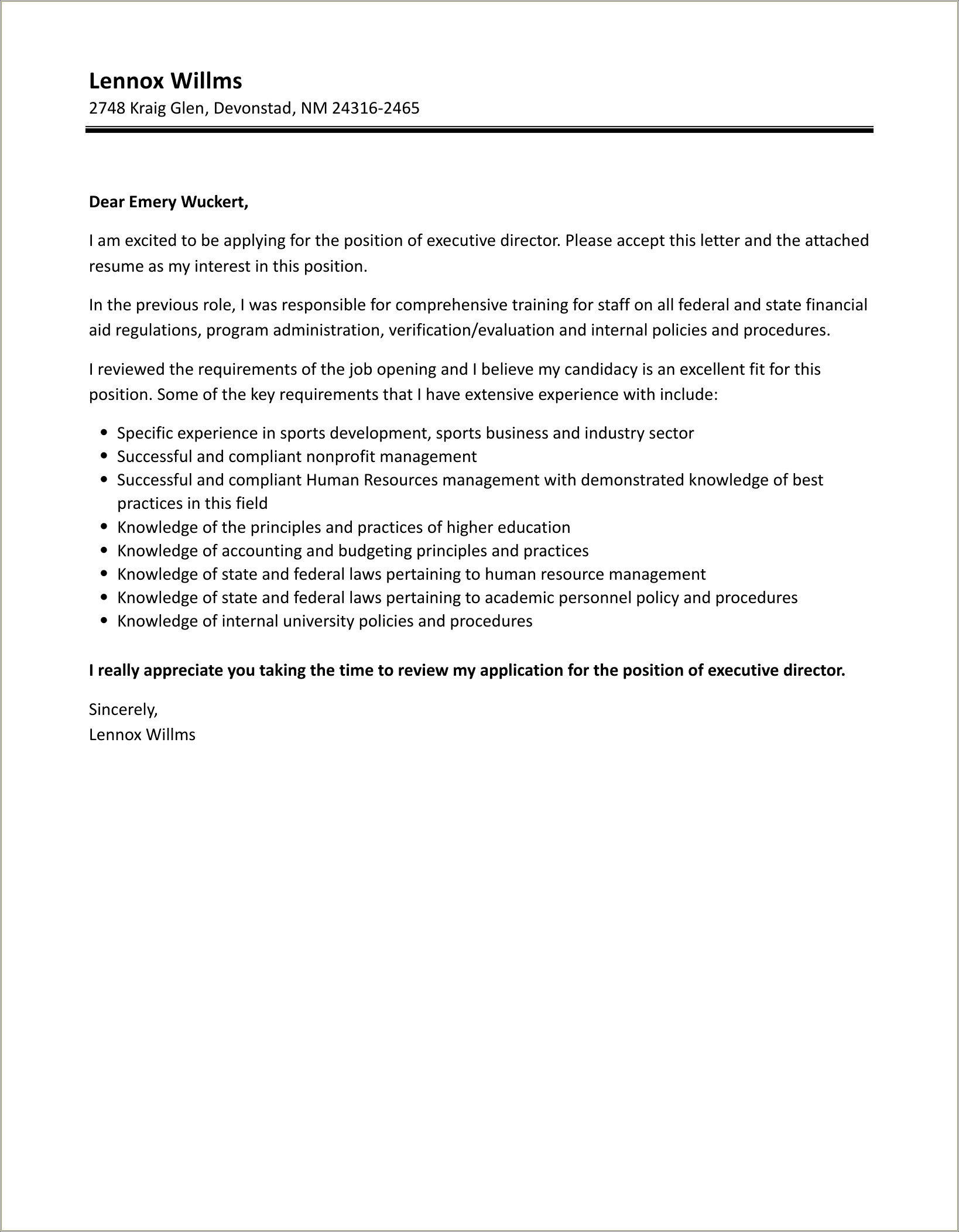 Resume Cover Letter Sample Executive Director