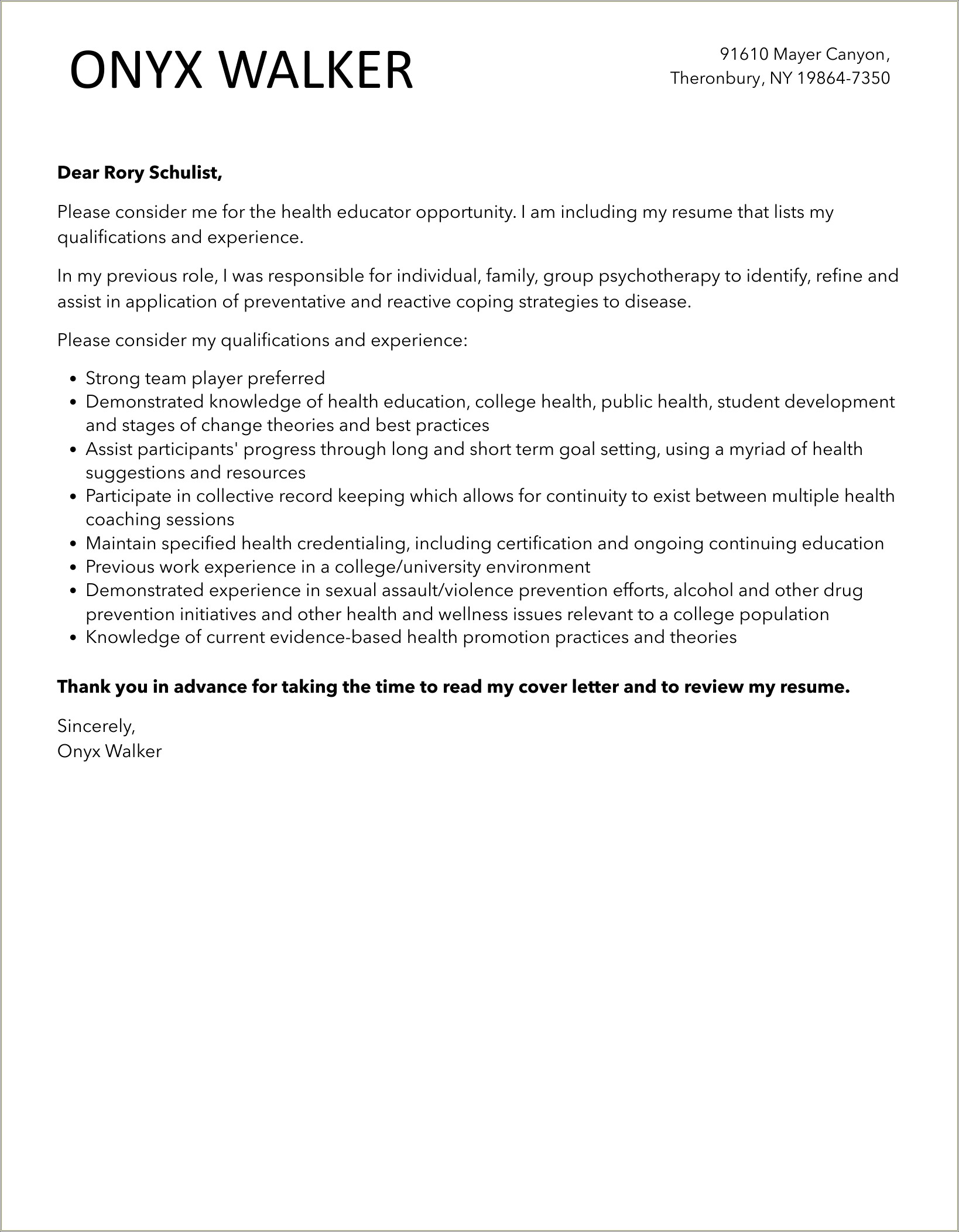 Resume Cover Letter Sample Health Educator