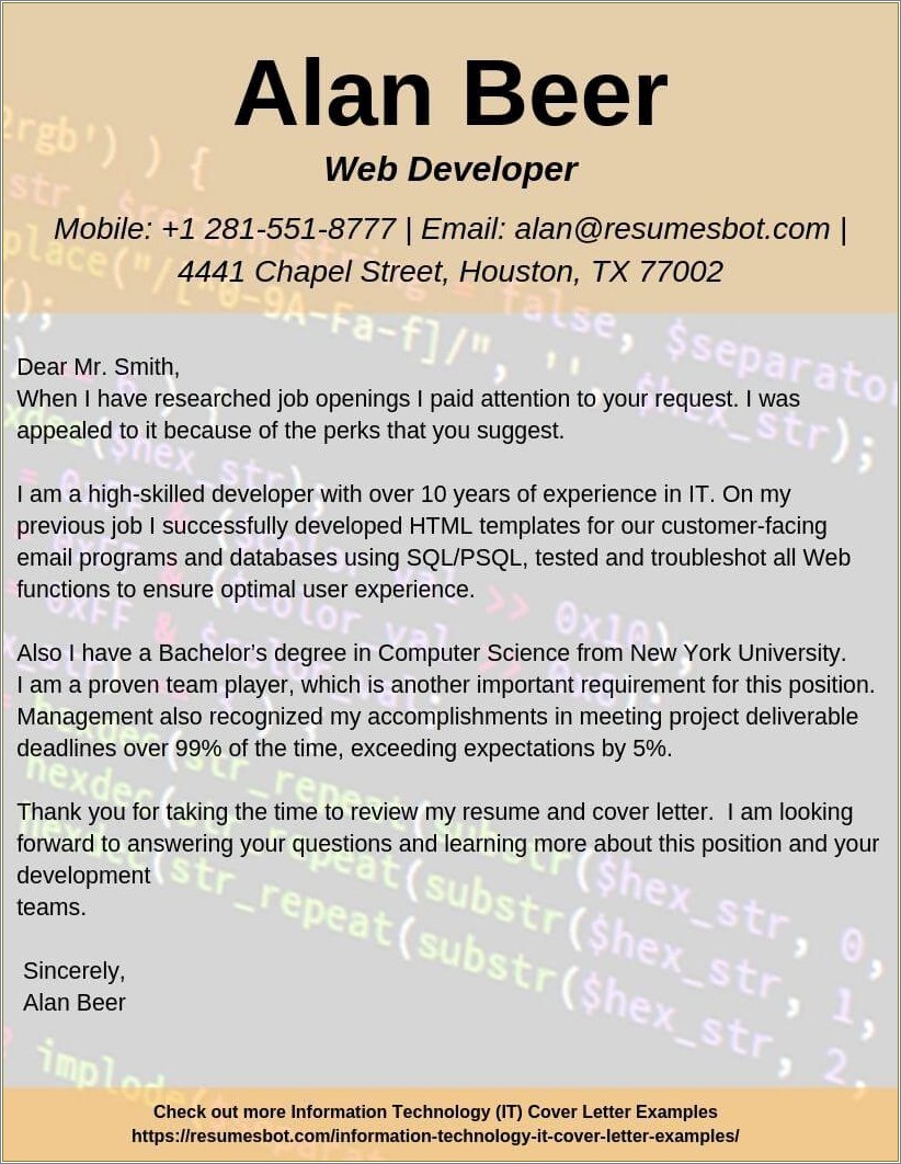 Resume Cover Letter Sample Web Developer
