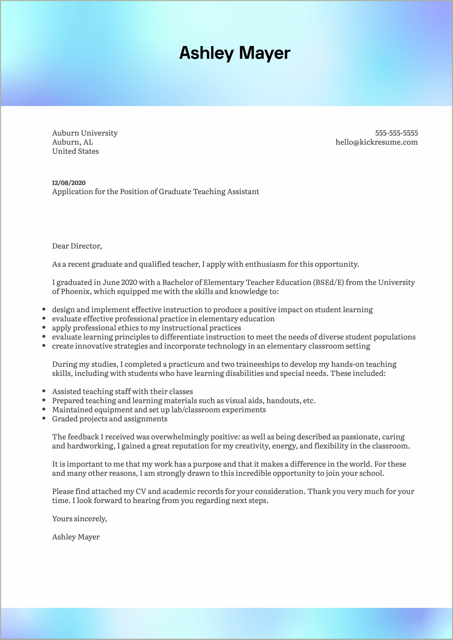 Resume Cover Letter Samples For Teacher Assistant