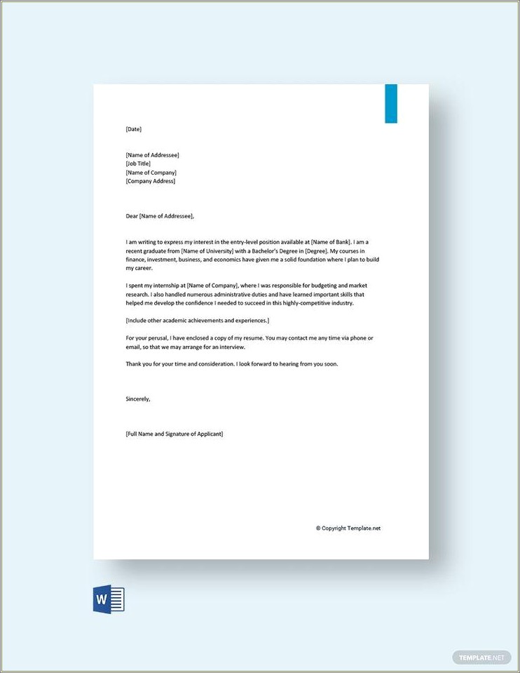 Resume Cover Letter To A Bank