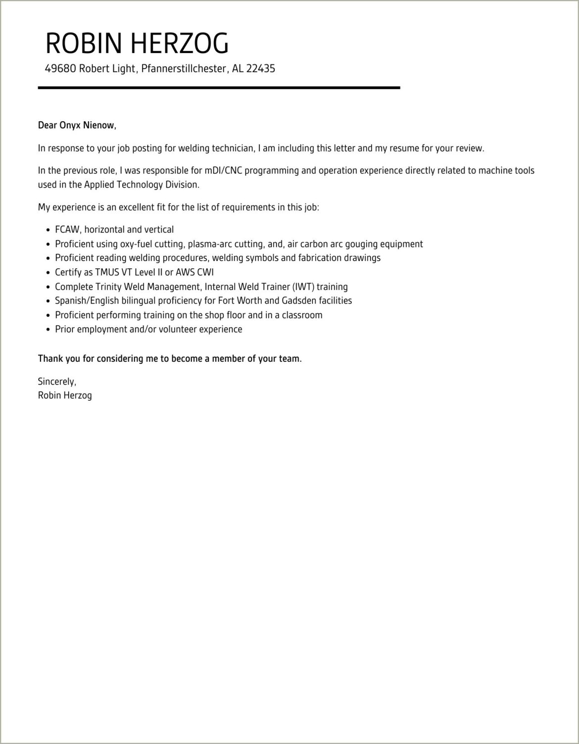 Resume Cover Letter Welding Lab Technician