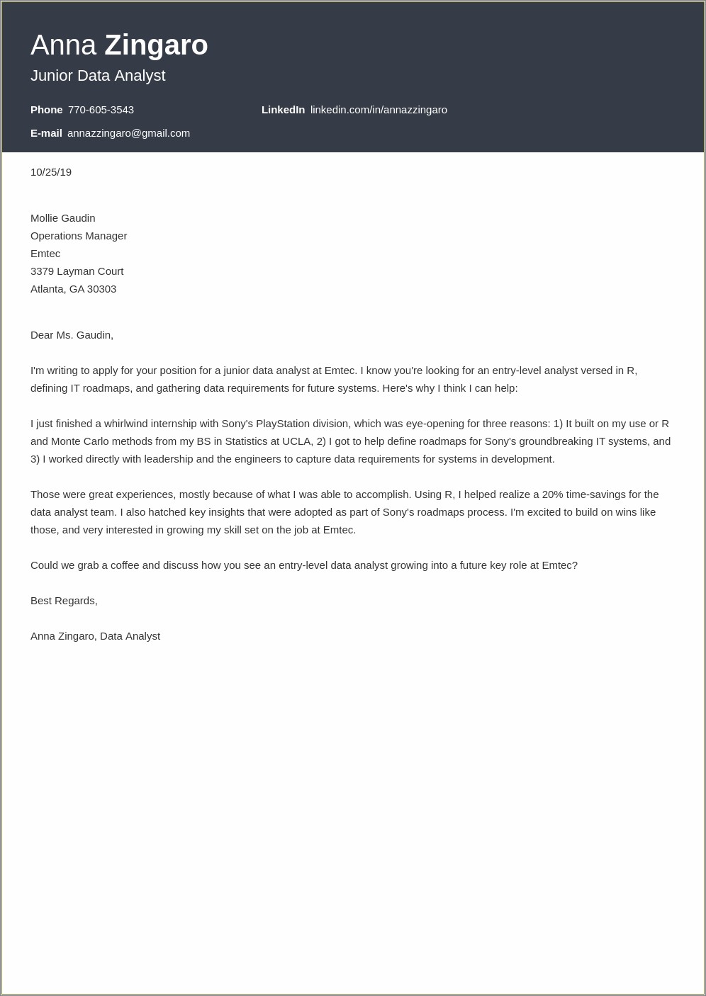 Resume Data Analyst Cover Letter Example
