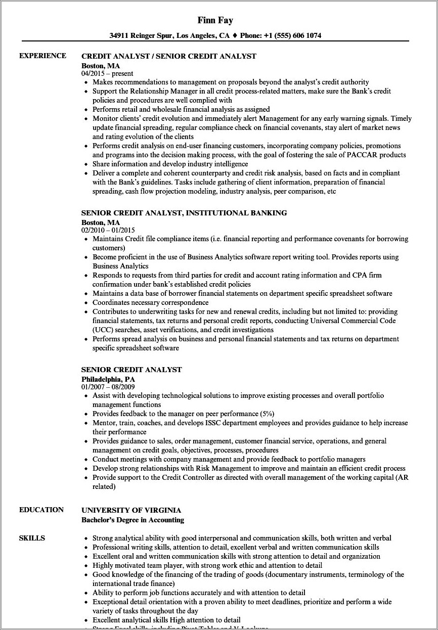 Resume Description Examples For A Credit An
