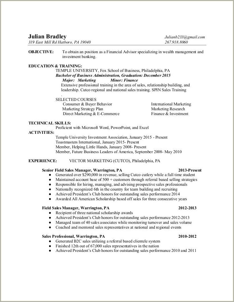 Resume Description For A Financial Advisor