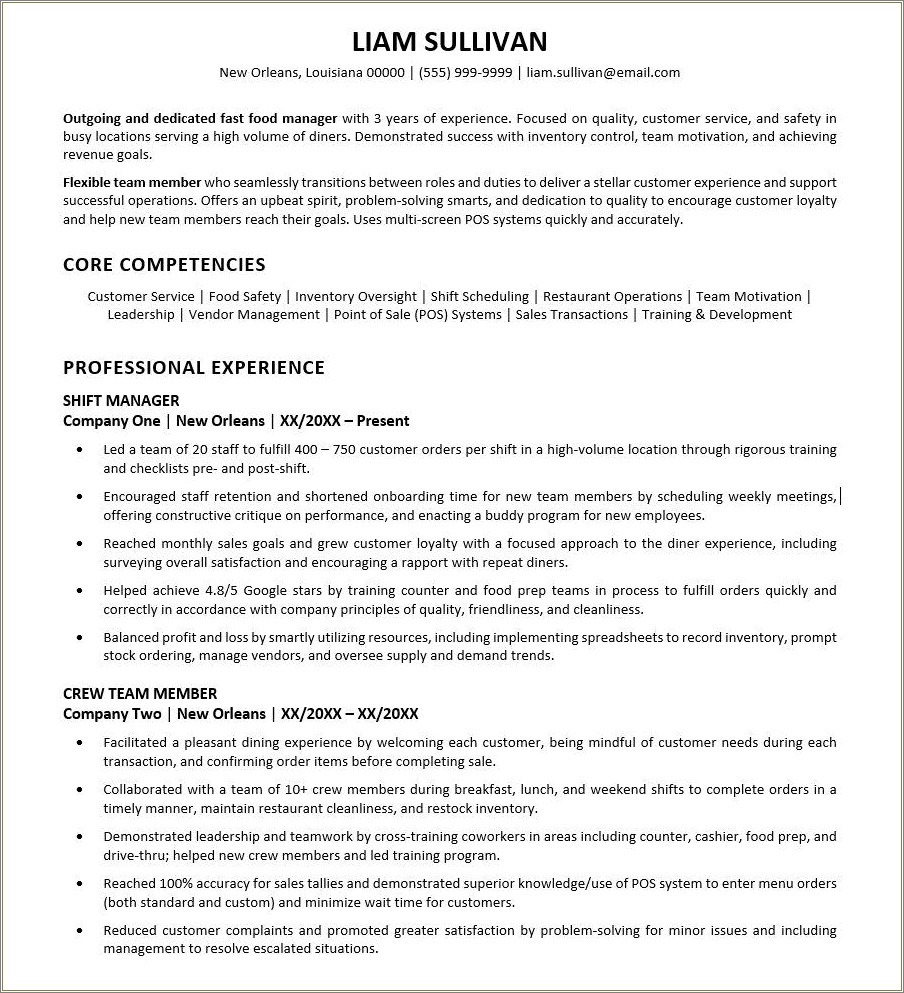 Resume Description For A Lead Crew Member Mcdonalds