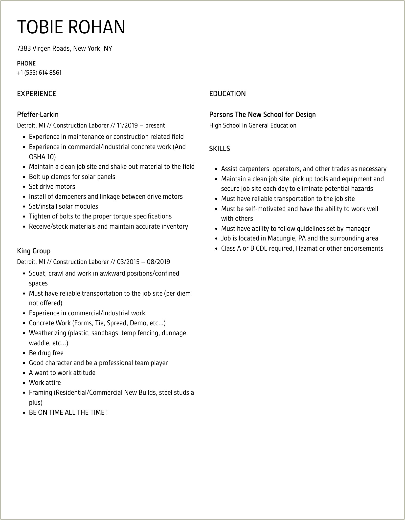 Resume Description For A Renovation Laborer