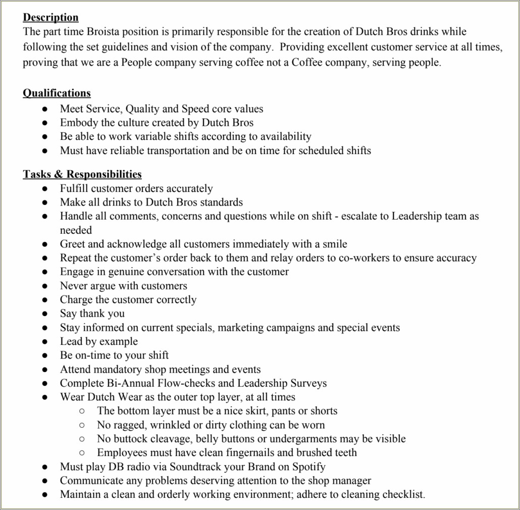 Resume Description For Barist And Customer Service