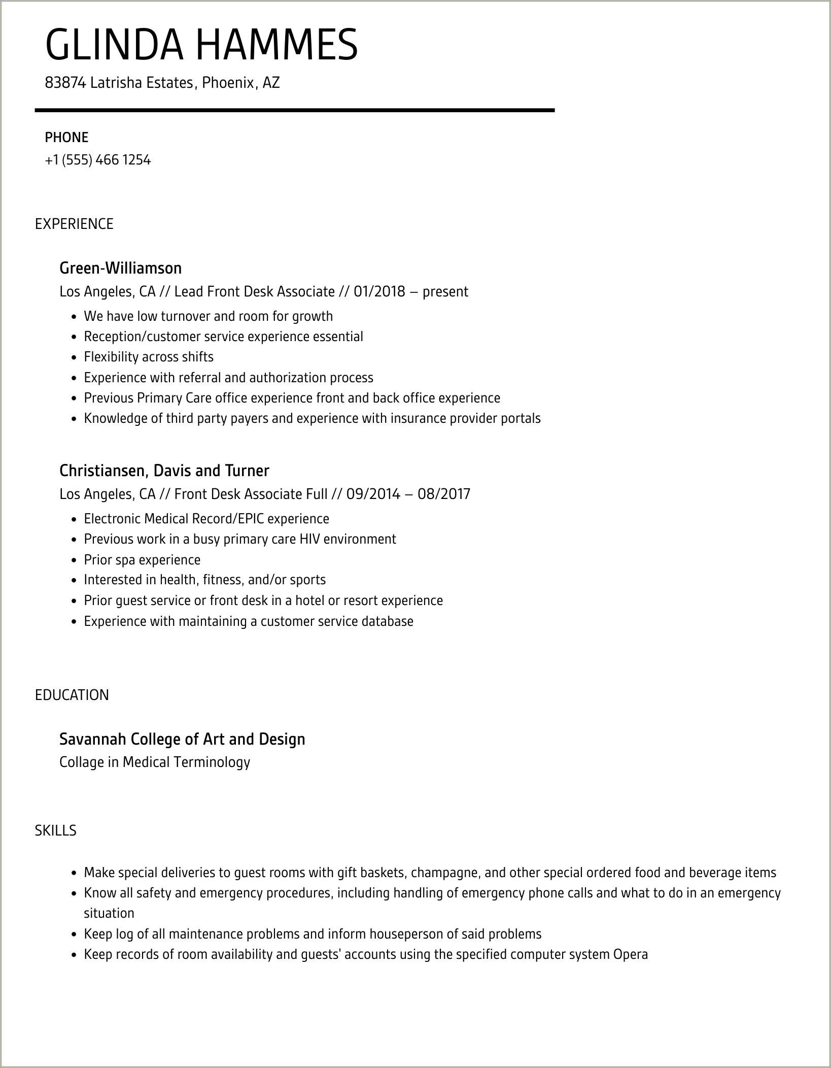 Resume Description For Gym Front Desk