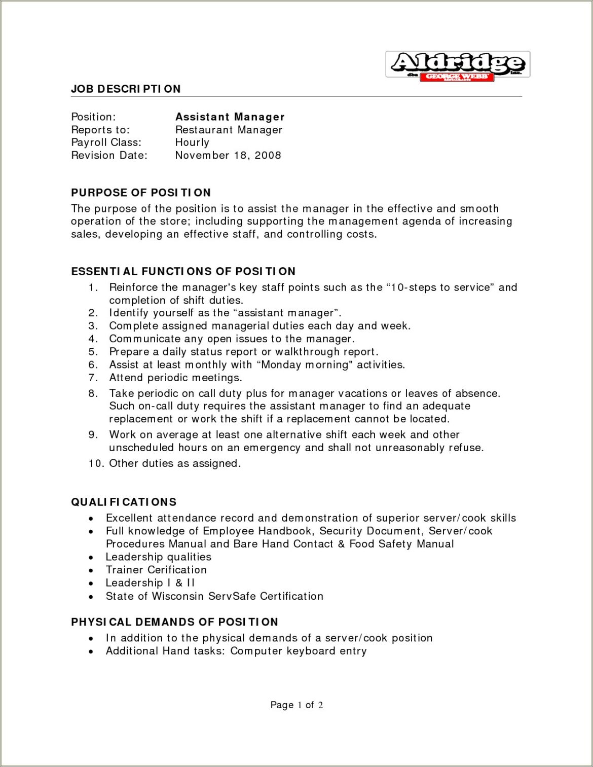 Resume Description For Managing A Restaurant