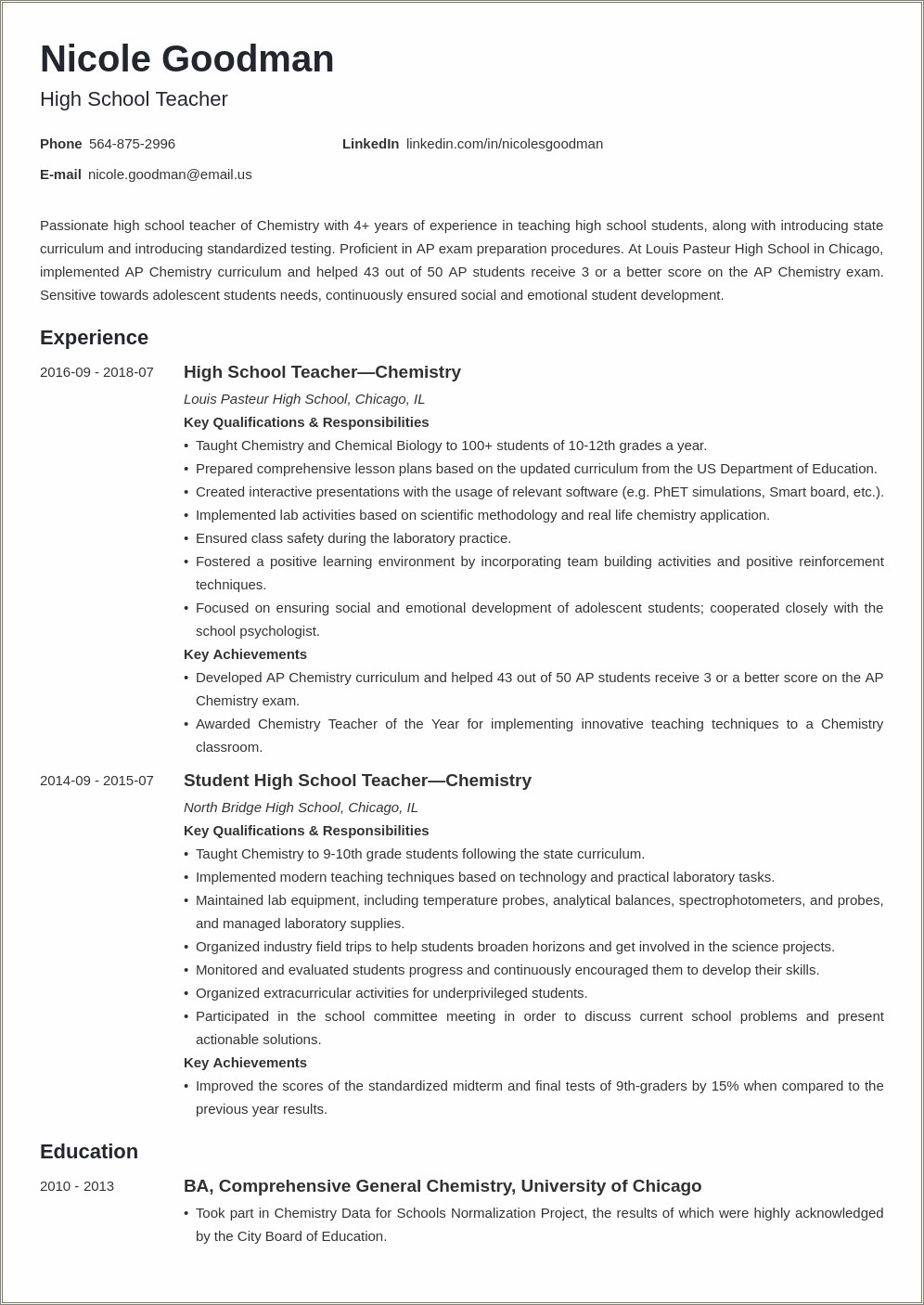 Resume Description For Middle School Teacher