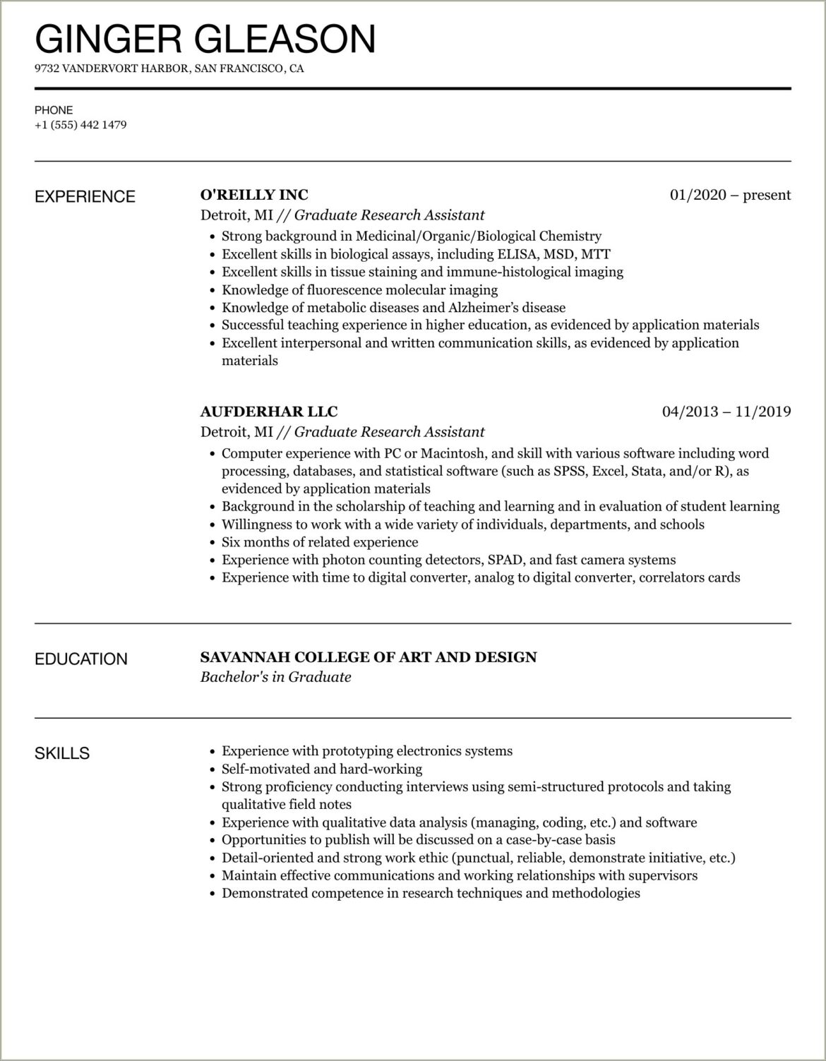 Resume Description For Organic Chemistry Research Assistant