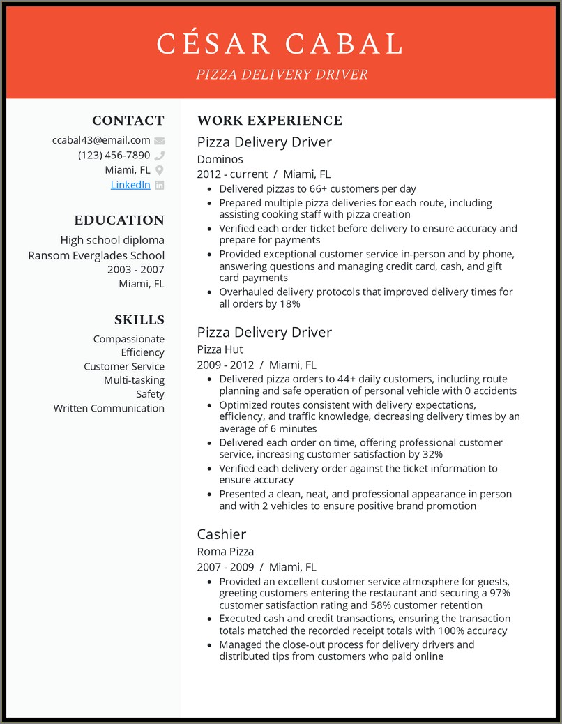 Resume Description For Pizza Delivery Driver