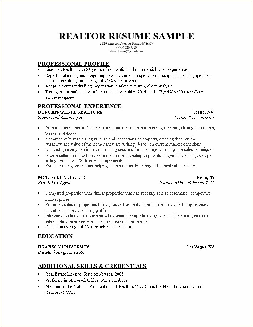 Resume Description For Real Estate Agent Marketng