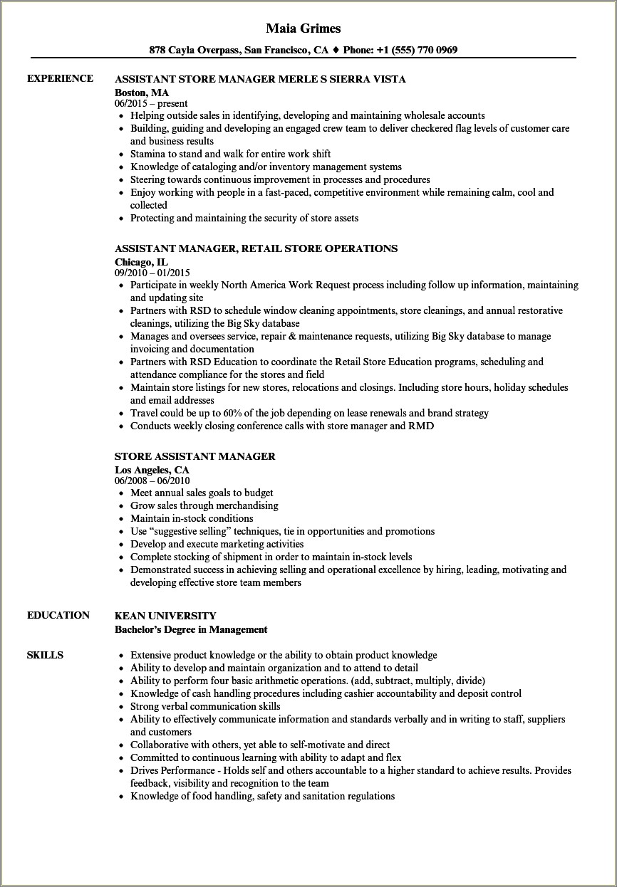 Resume Description For Retail Assistant Manager