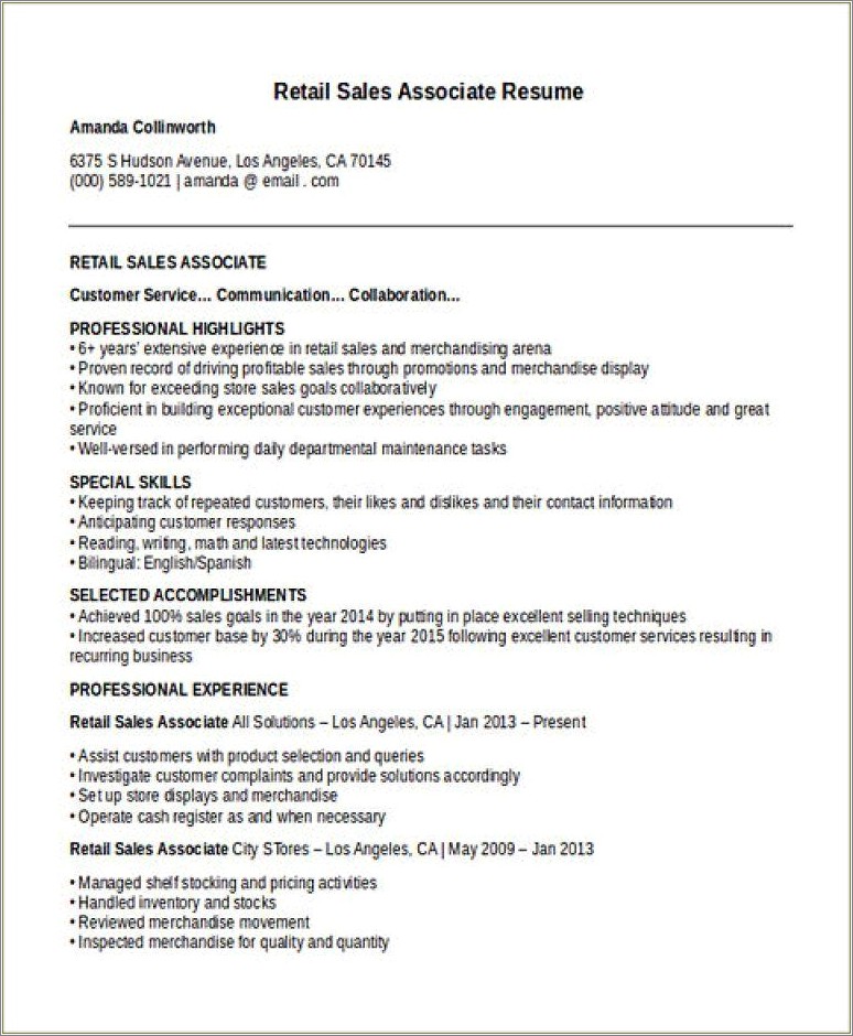 Resume Description For Retail Sales Associate