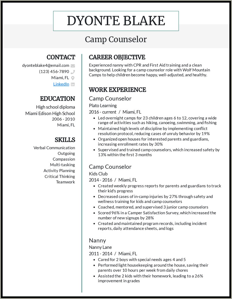 Resume Description For Summer Camp Counselor